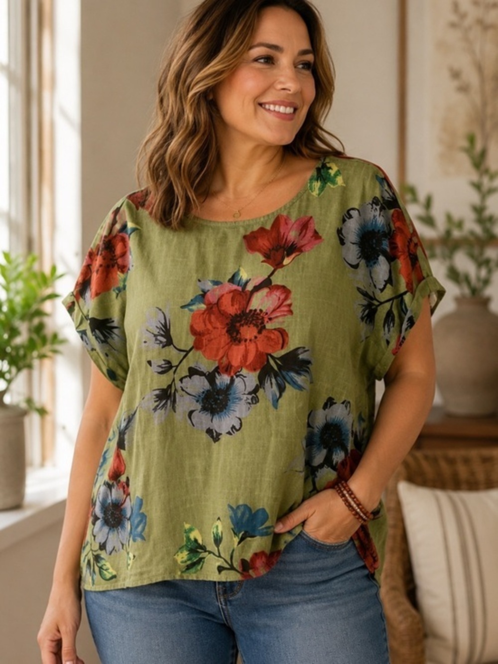 Linen Olive Green Floral Short Sleeve everyday top  red and blue blooms  1X